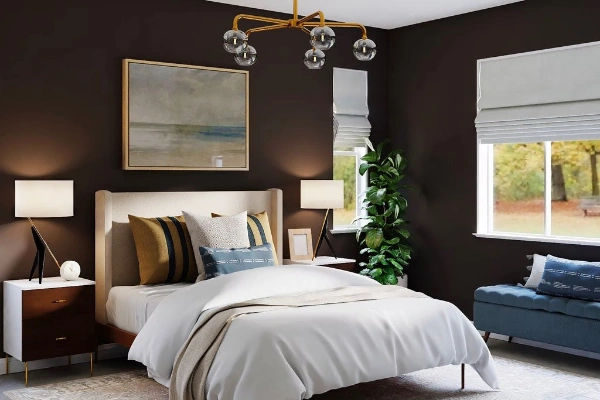 tables with lights, cushions that match, and a bedspread in shade
