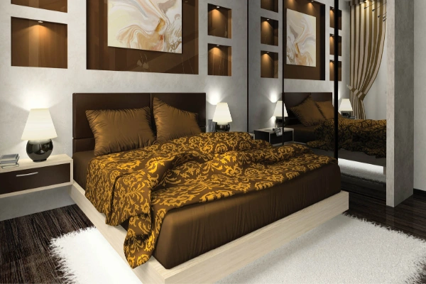 s of brown and gold. depicts the interior design of a contemporary home with opulent